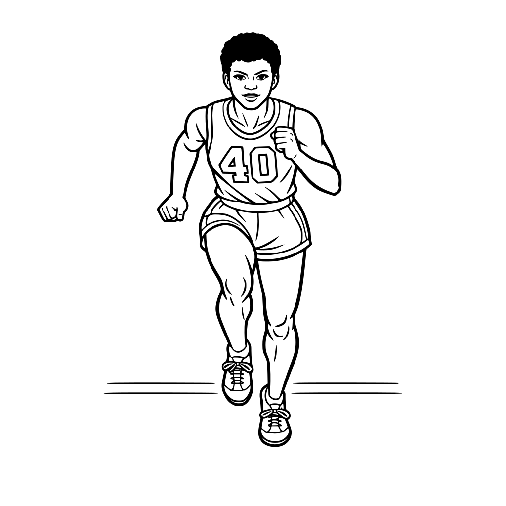 Wilma Rudolph running forward confidently, determined expression, minimal track lane lines in background, mid-body framing.