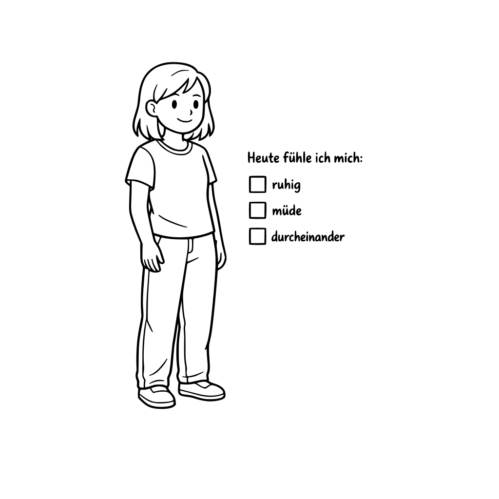 Leni steht ruhig, leicht seitlich. Bequeme Kleidung, halblange Haare, entspannte Haltung. Große Ausmalflächen, wenig Hintergrund. Im Bild klein: Ankreuzen: Heute fühle ich mich: ☐ ruhig ☐ müde ☐ durcheinander