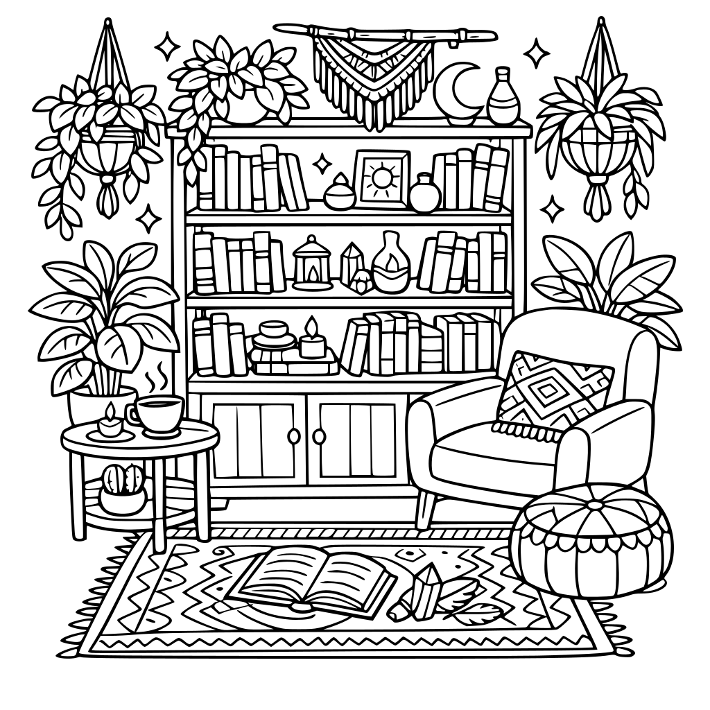 cute boho library with plants