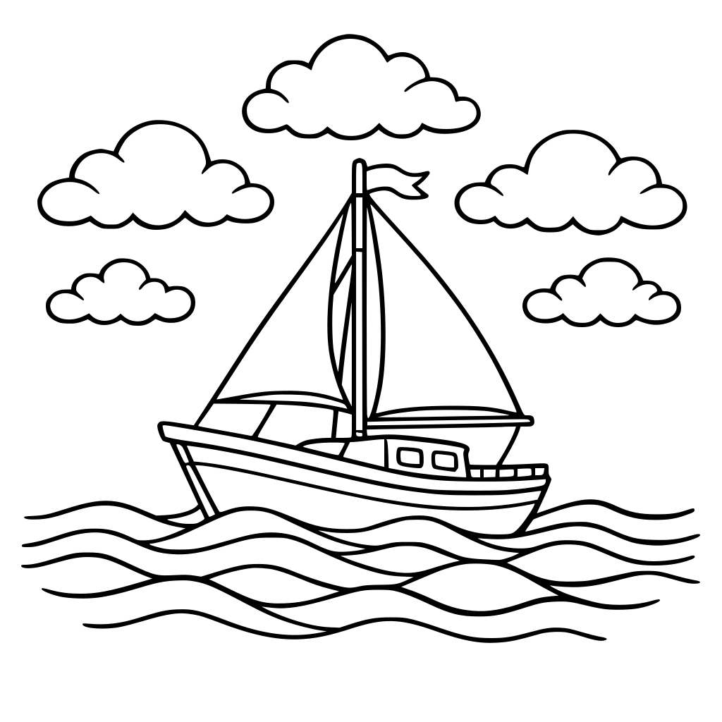 sailboat on gentle waves with clouds above.
