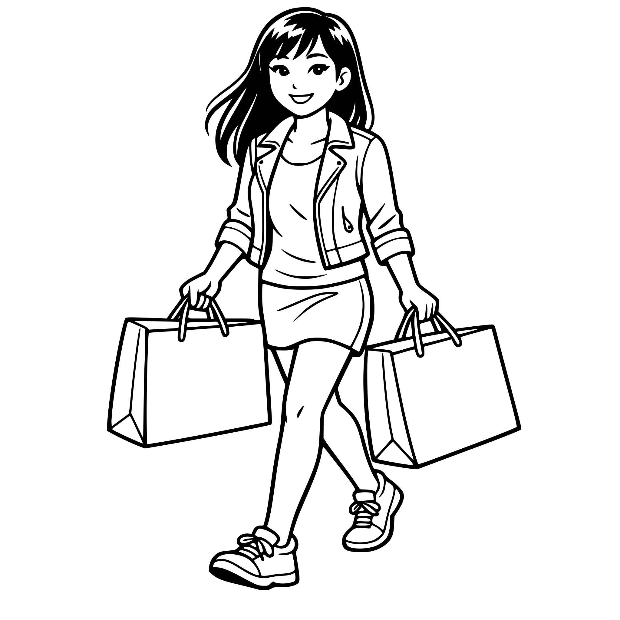 Create an image of an asian girl walking with two large shopping bags. White background, isolated.