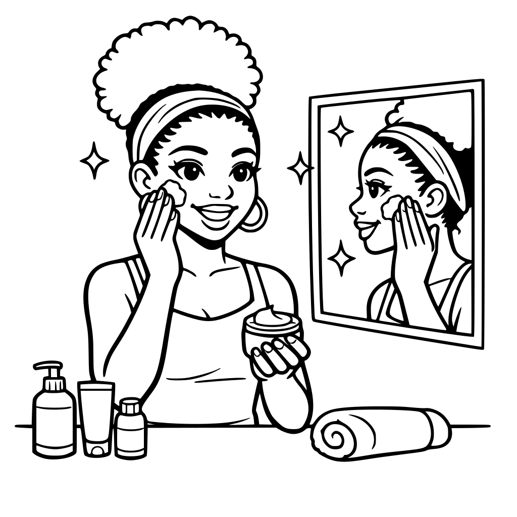 A Gen z melanin girl/lady with Afro puff doing a skincare routine infront of the mirror