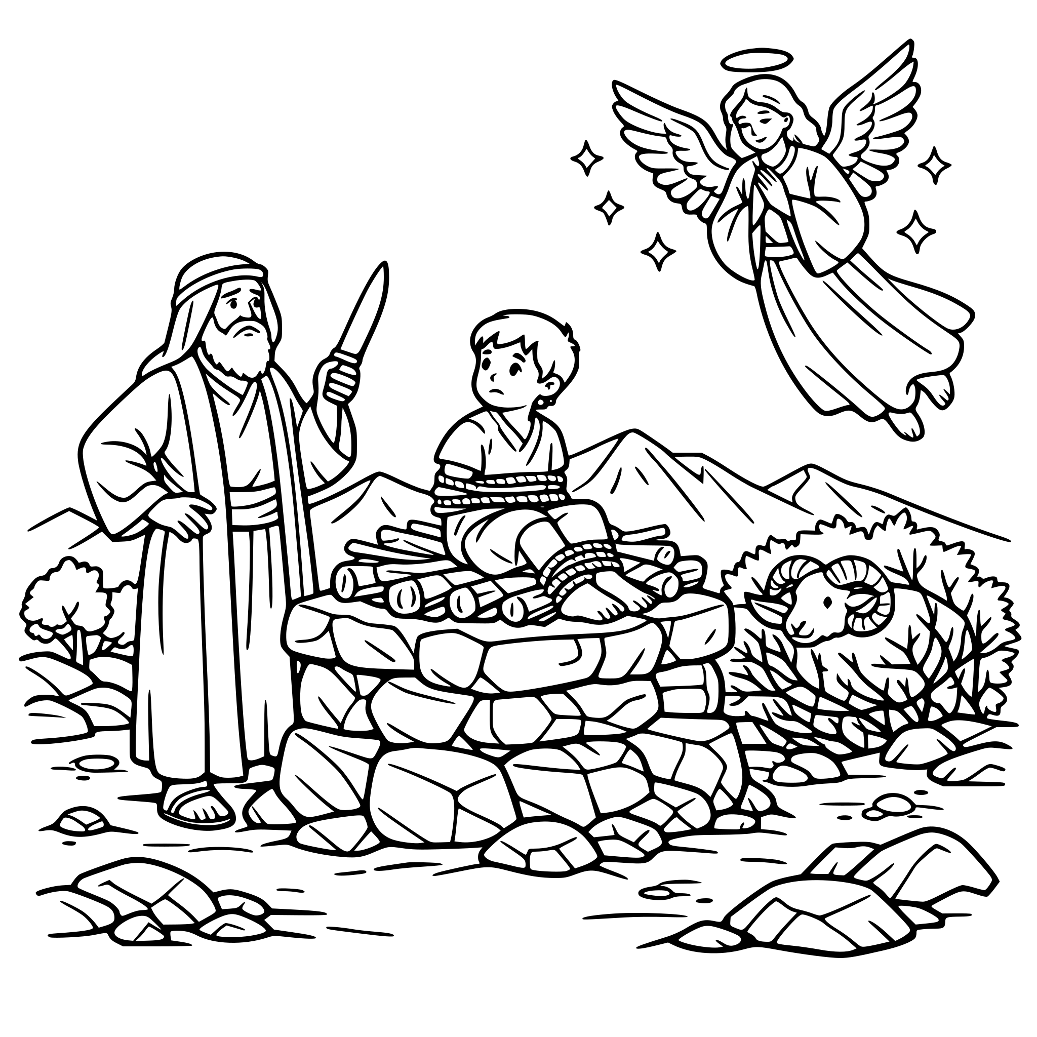 make bible abraham standing by an altar on top of a mountain and have bible isaac sitting on the altar, include a ram caught in the thicket in the back and and angel looking onto the scene include landscape elements such as rocks, trees, dirt and mountains in the background