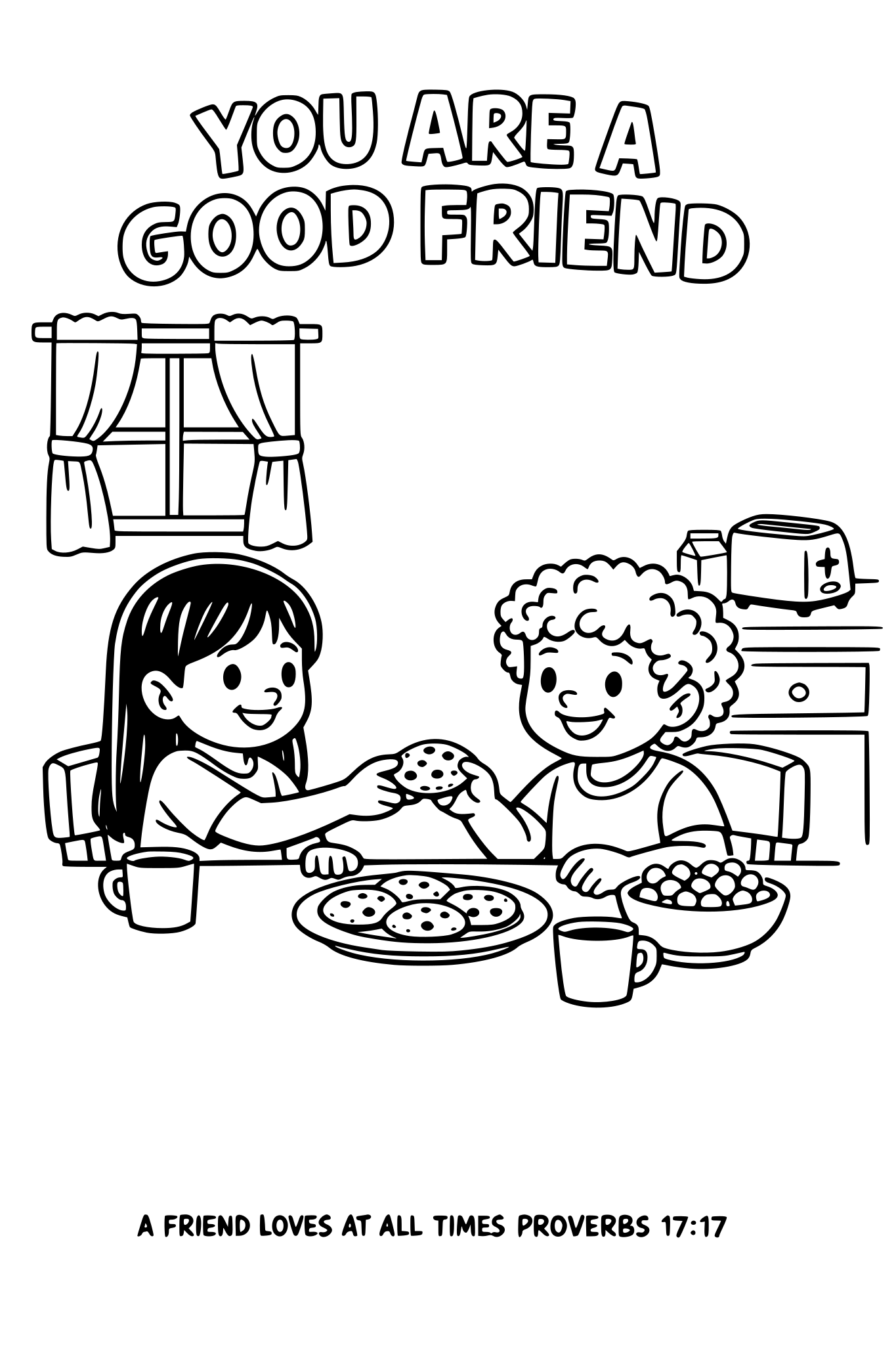 Black and white coloring page, simple kids line art, 2 child