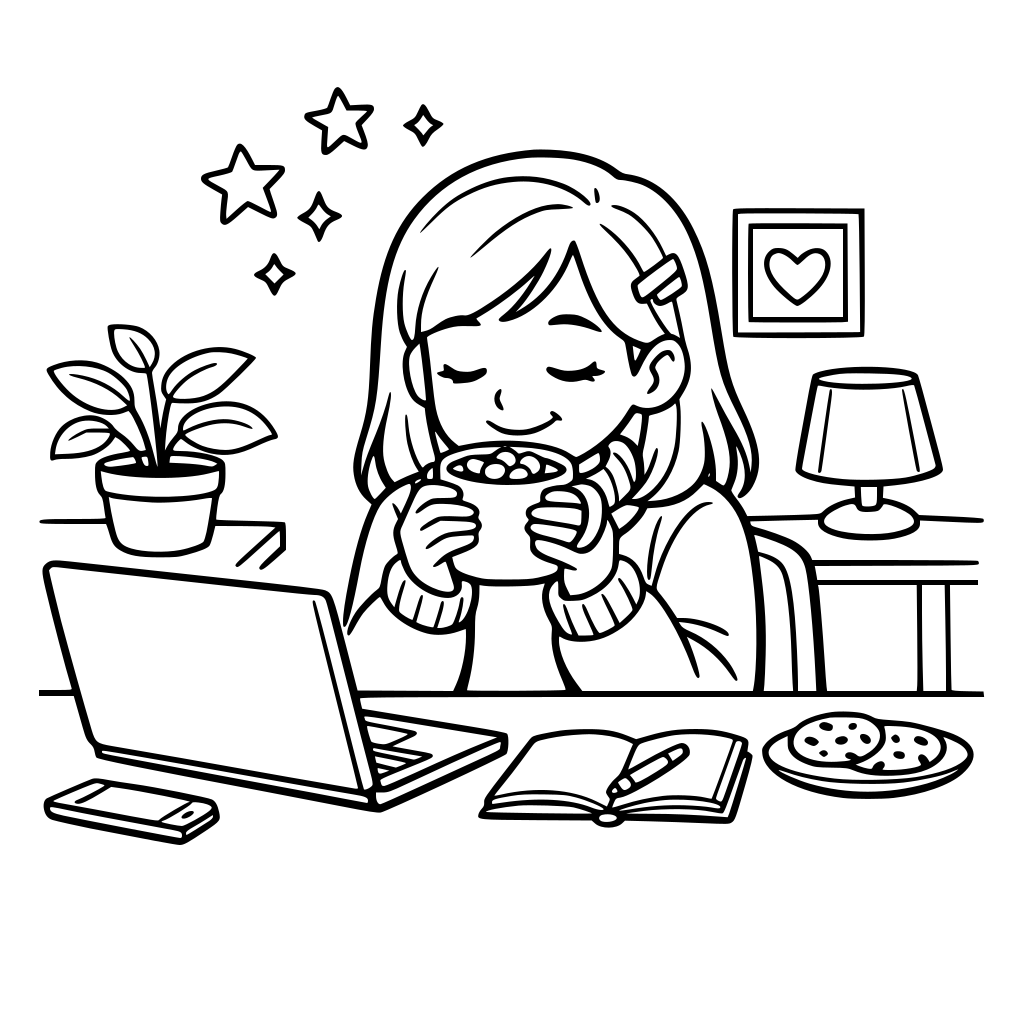 5 A girl enjoying her hot chocolate while working on her laptop on the table work in a beautiful cozy room