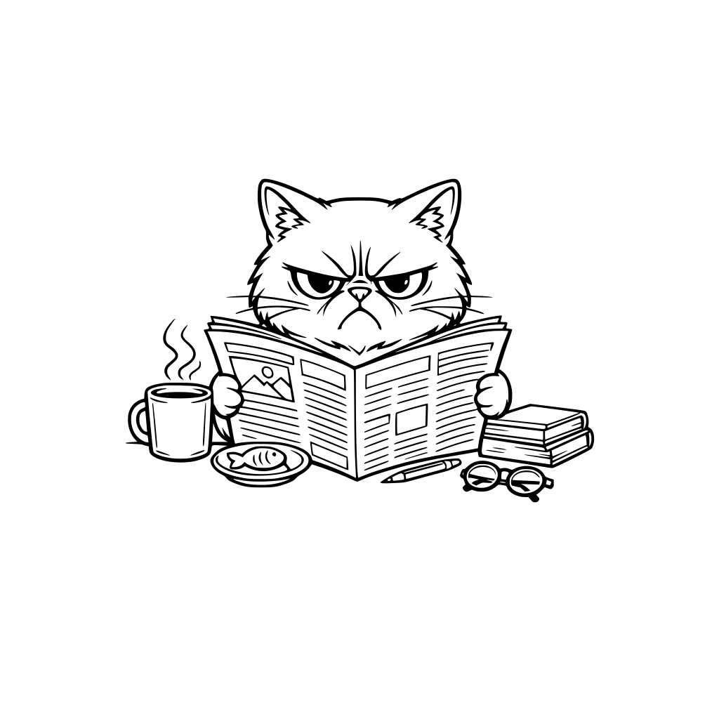 A grumpy cat reading the newspaper