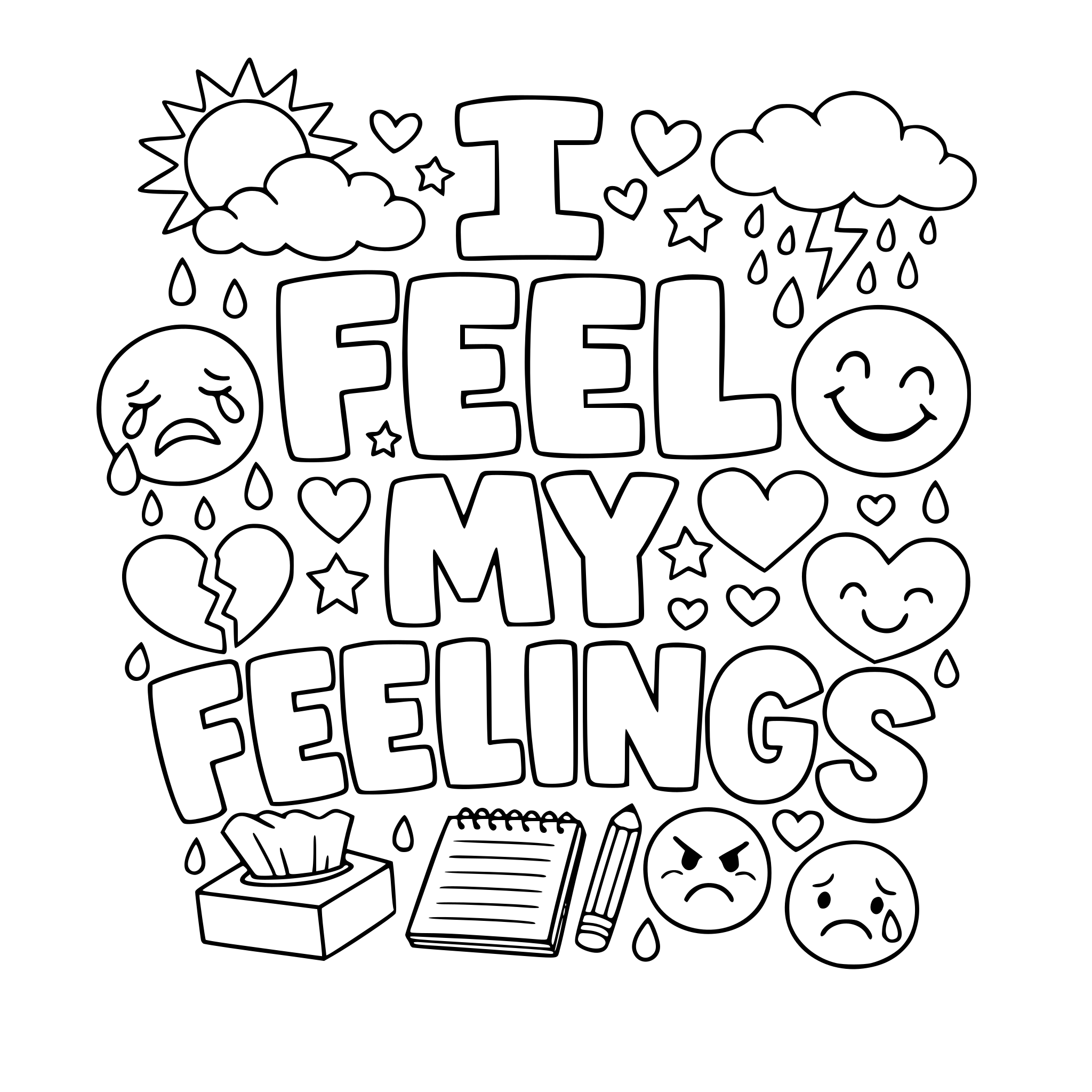 "I feel my feelings" coloring letters with items around the letters that work with the lettering.