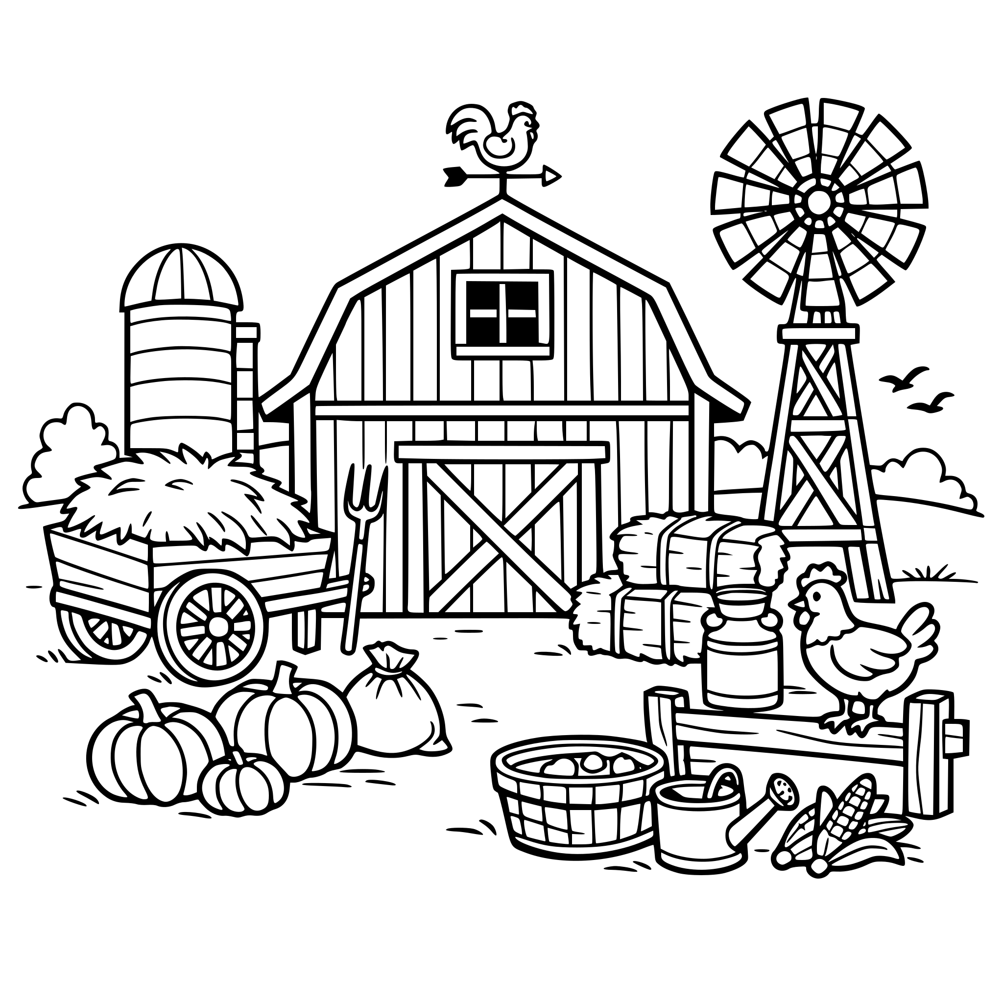 farm scene with barn in front and other farm items around