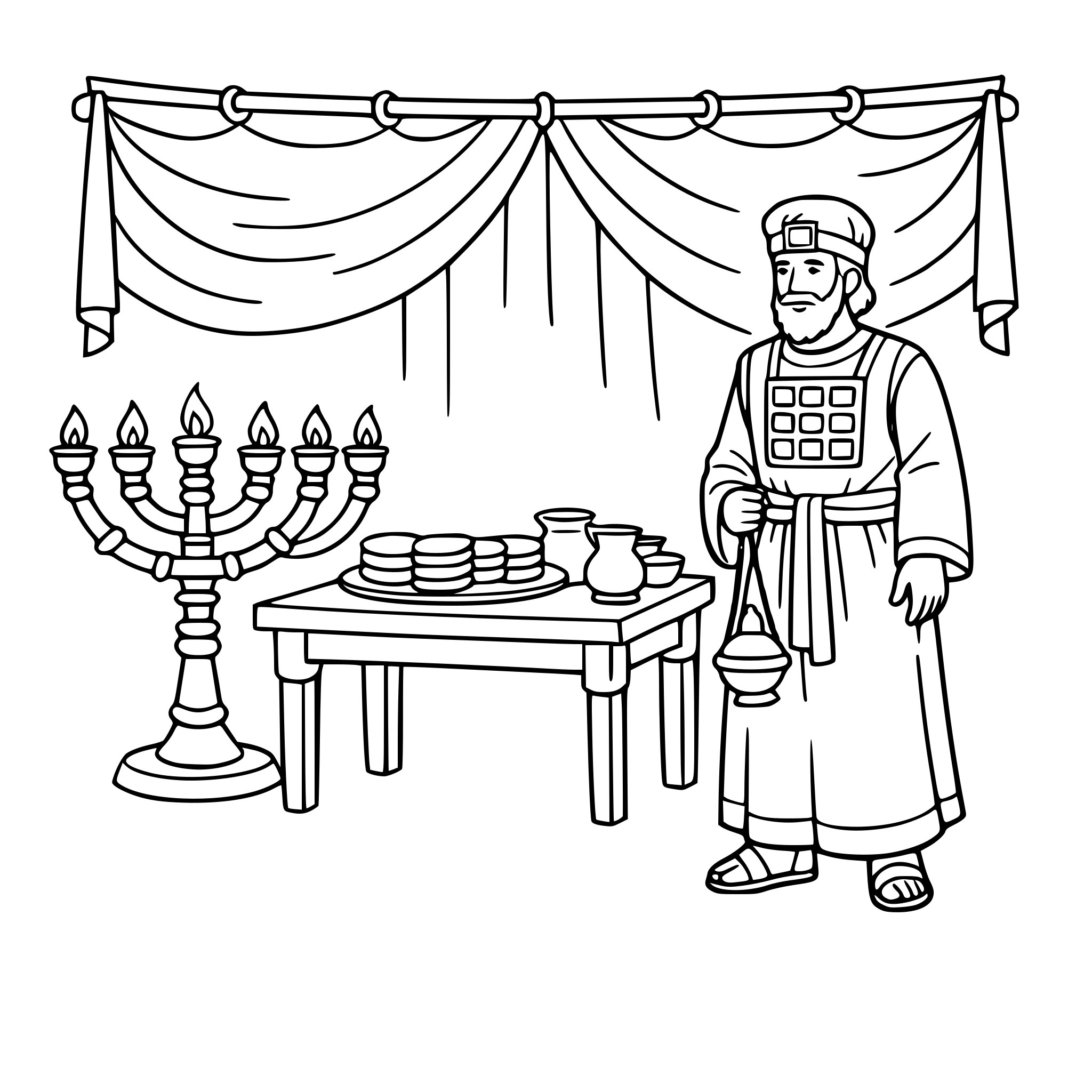 make a picture the tent of the tabernacle in the desert with a table inside and a lampstand and a priest in a robe