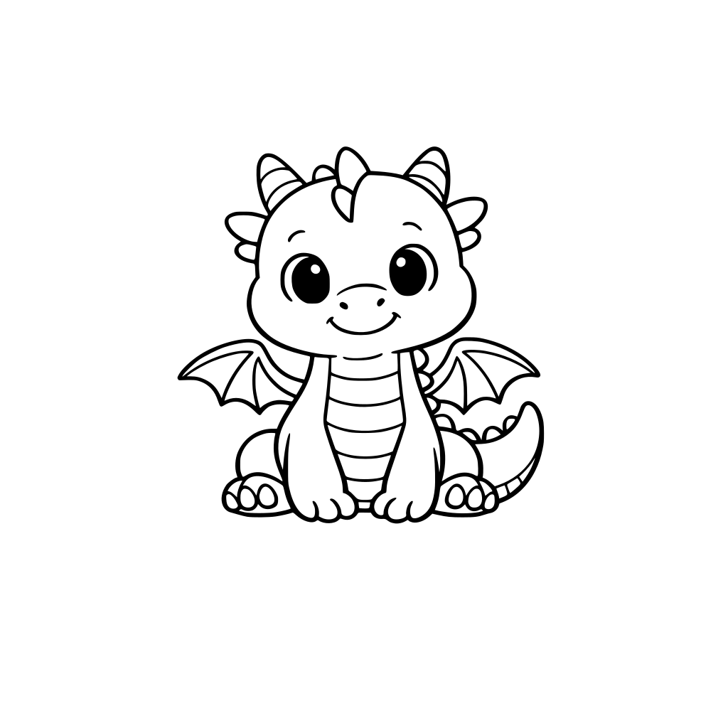 A cute friendly dragon for a children's coloring book, simple clean black line art, round soft shapes, big calm eyes, no background, no shading, no colors, white background, minimalist, hand-drawn style, for kids