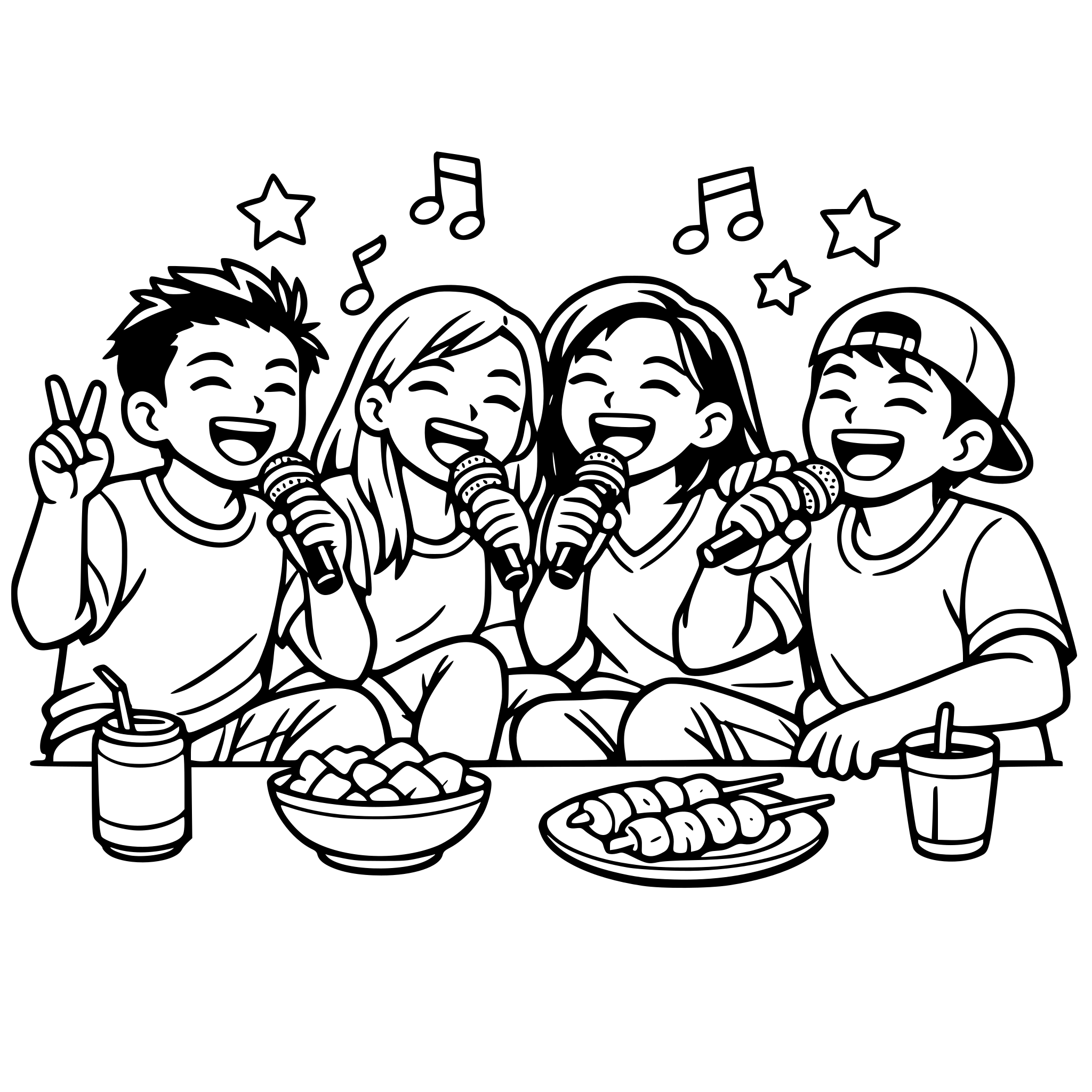 Filipino friends singing karaoke together, holding microphones, laughing and enjoying music, home setting, fun and cute