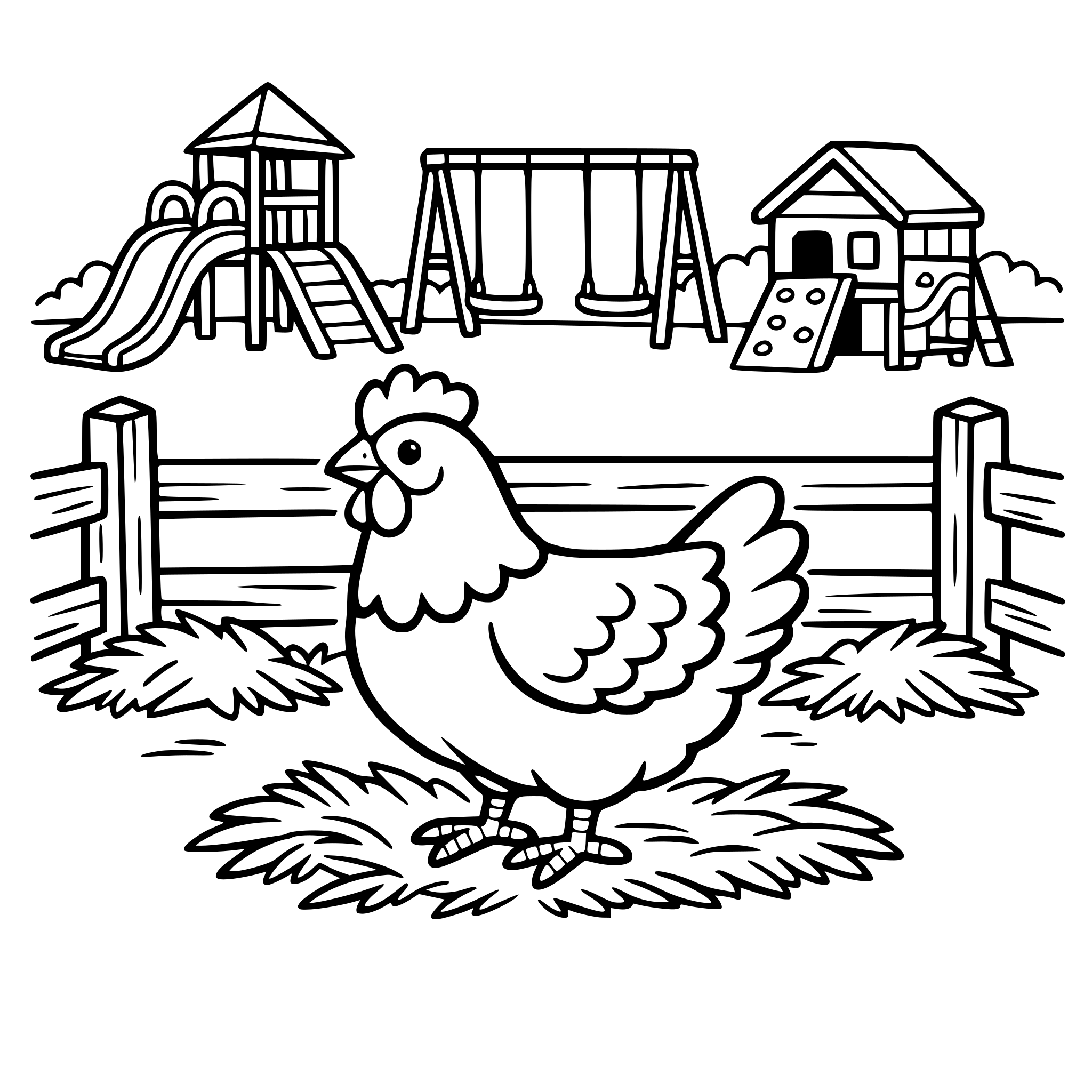 Create an image of a hen in a fenced in pen with hay. A playground is in the background. White background, isolated.