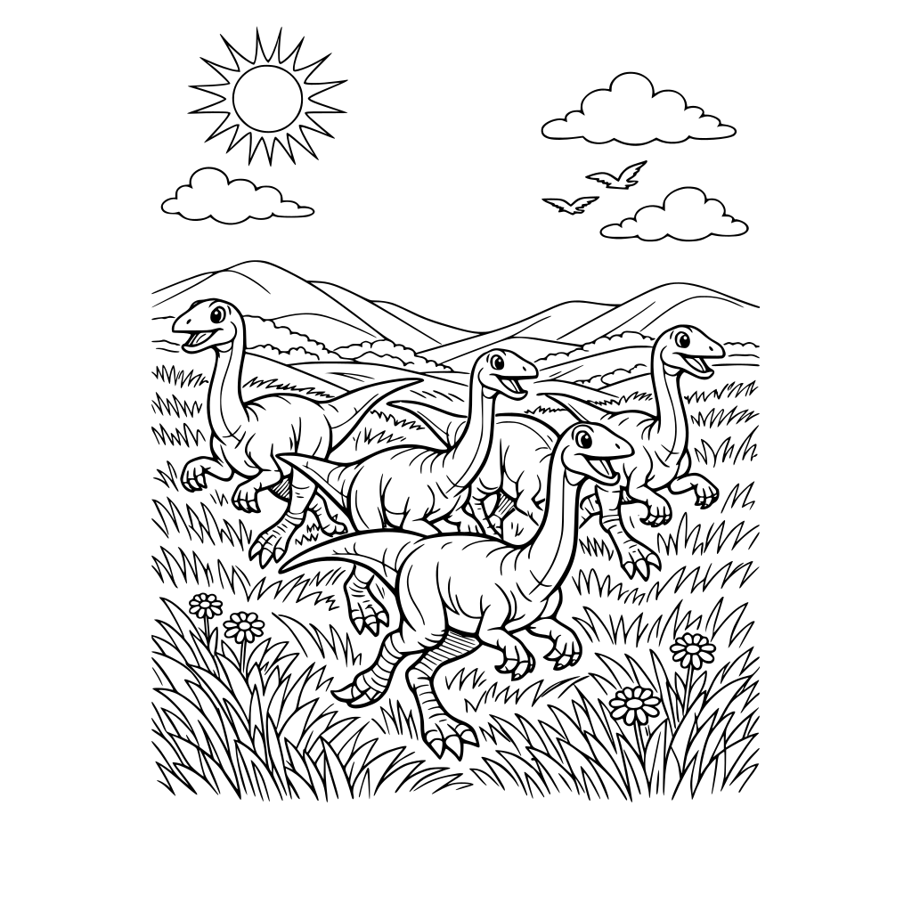 Portrait oriented coloring book page that is black and white with 4 friendly gallimimus running through a field. Background is a landscape of rolling hills of tall grass. Fill the whole page with great detail to the borders.