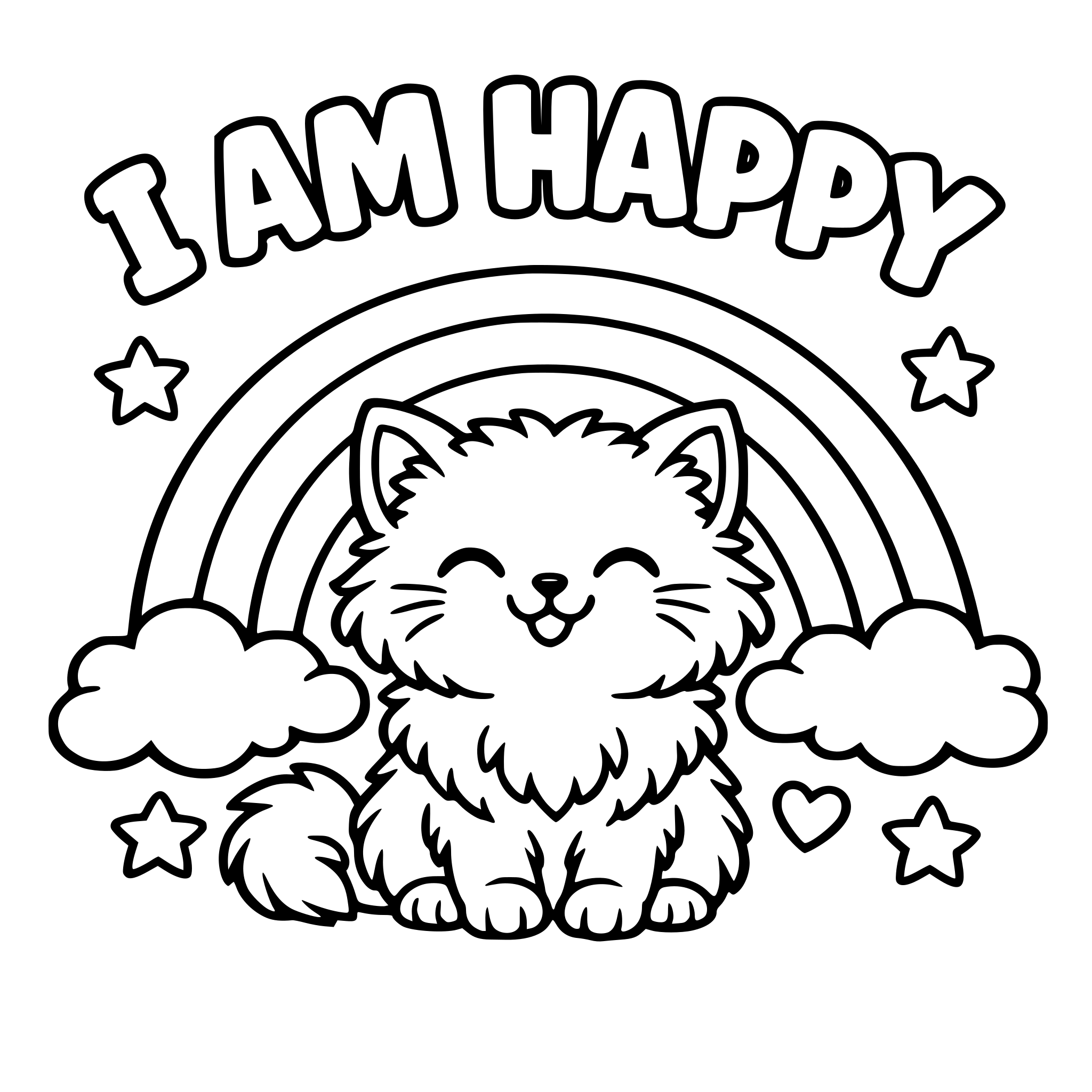 Cute fluffy kitten coloring page, thick bold outlines, simple line art. A fluffy cat smiling under a rainbow. Add big bubble letters text: “I AM HAPPY”