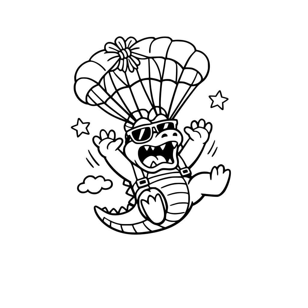 A shocked Crocodile in the air excited with sunglasses. HIs Parachute is stuck and hes falling. super super Simple drawing . big Big Shapes.