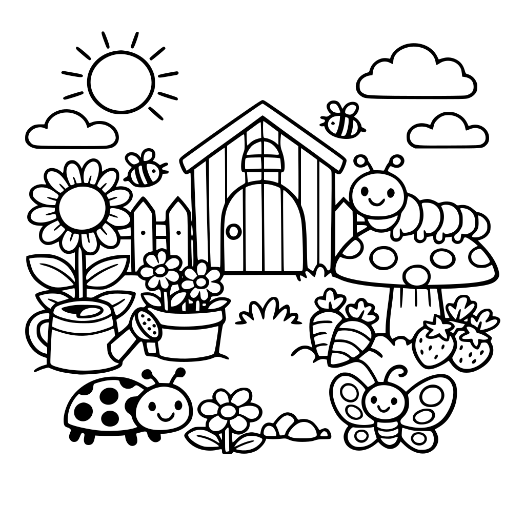 a garden scene for children's coloring book with a bold and easy style