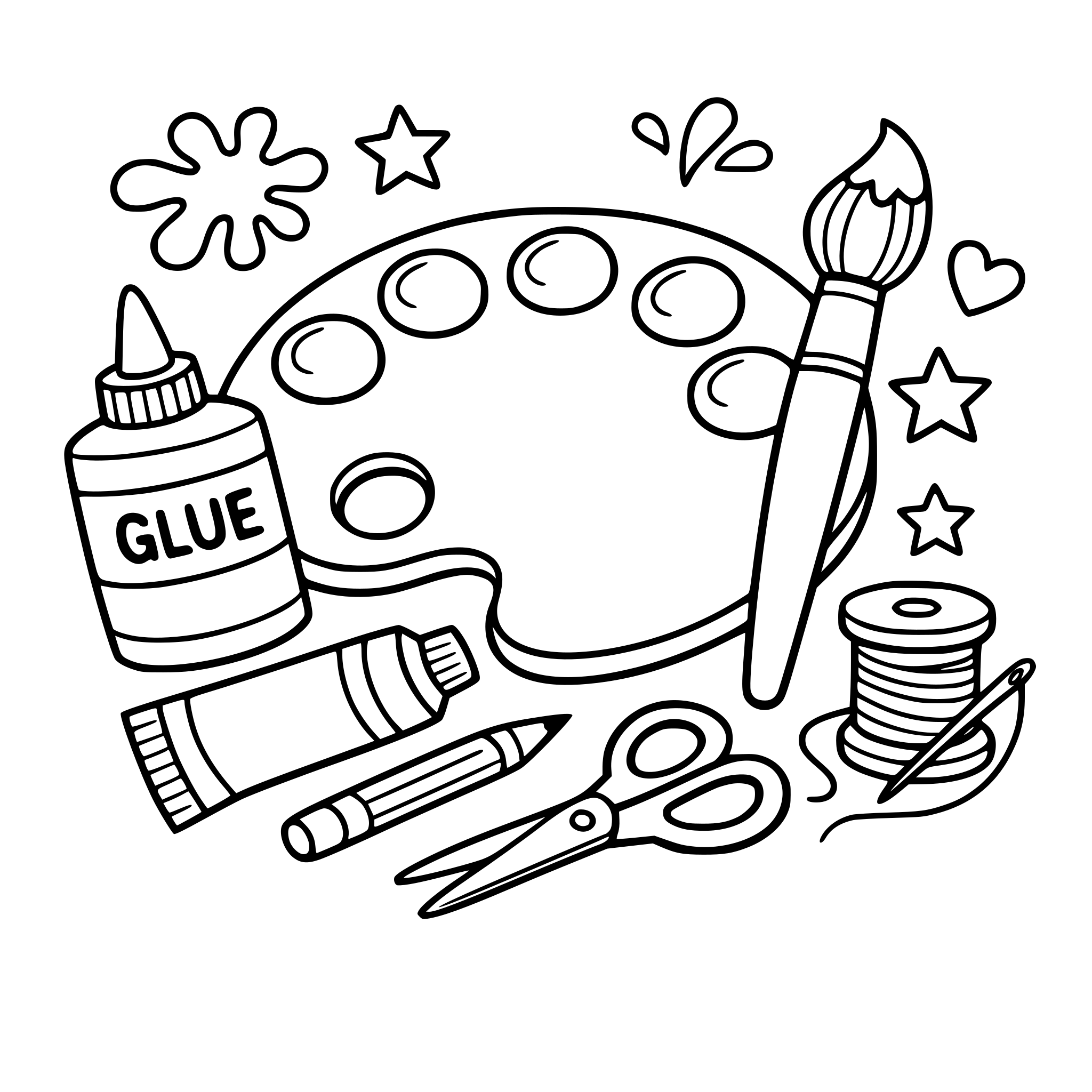 Coloring page with paint brush, paint pallet, arts and crafts
