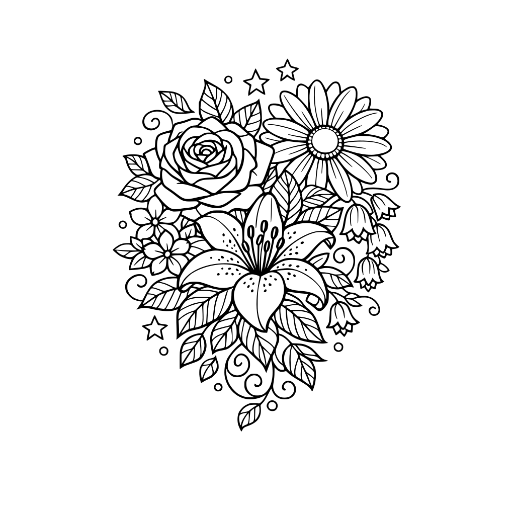 create an adult coloring page with floral theme.