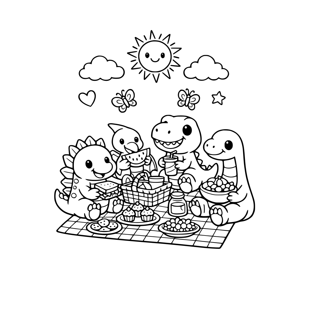 cute dinosaurs having a picnic