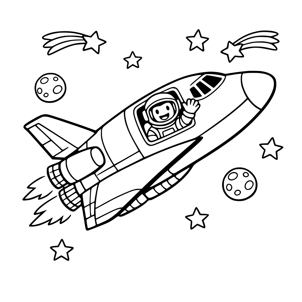 space shuttle with a smiling astronaut waving from the window.