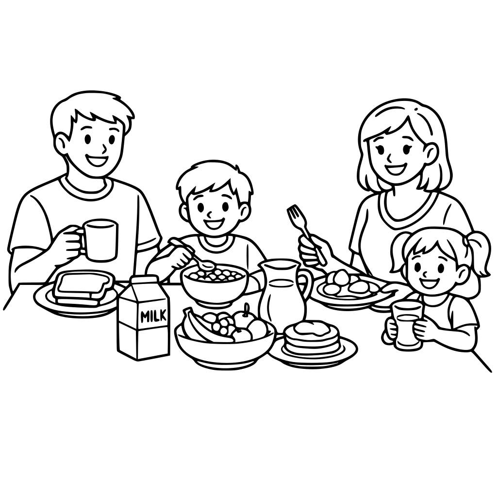 a family having breakfast in a kitchen