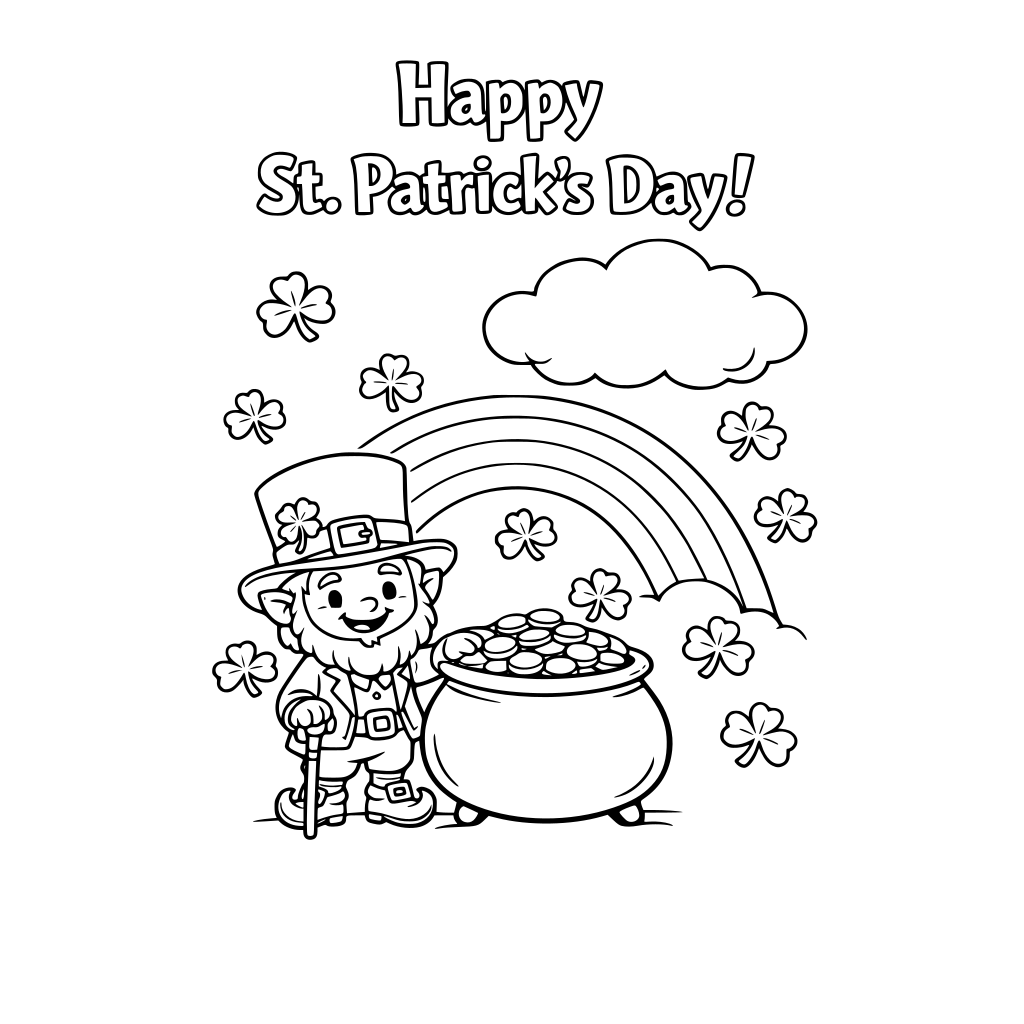 • Small leprechaun • Rainbow in background • Pot of gold • Shamrocks floating • One large cloud Keep spacing open so it’s not overwhelming. Text: “Happy St. Patrick’s Day!”