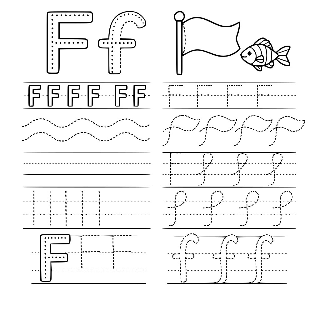 zró całą listę ćwiczeń do litery F duże i f małe różne ślaczki wykropkowane dzięki którym nauczymu pisać się literkę F i f