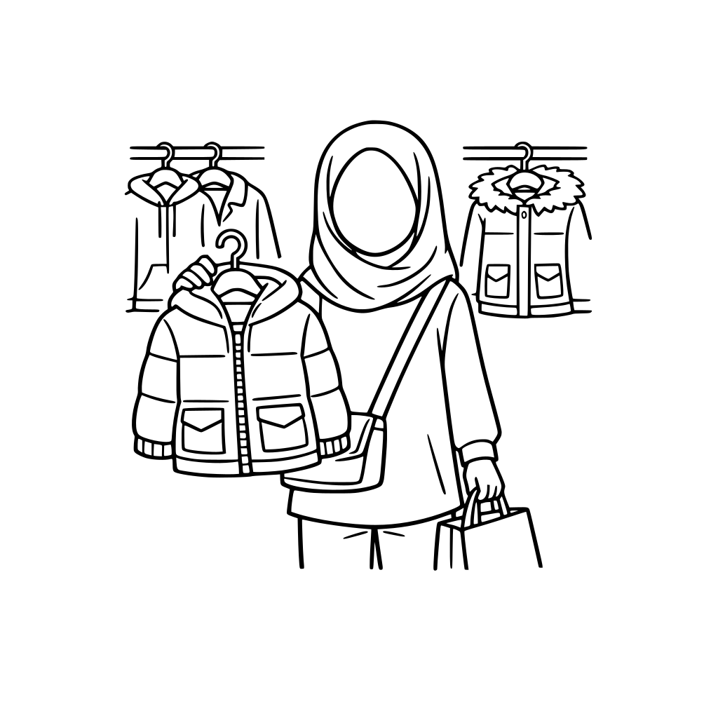 Simple black and white drawing of a faceless, Muslim girl, 13 years old, shopping for a new jacket. Centred on the page, thick bold outlines, no shading. Colouring book style for teens.