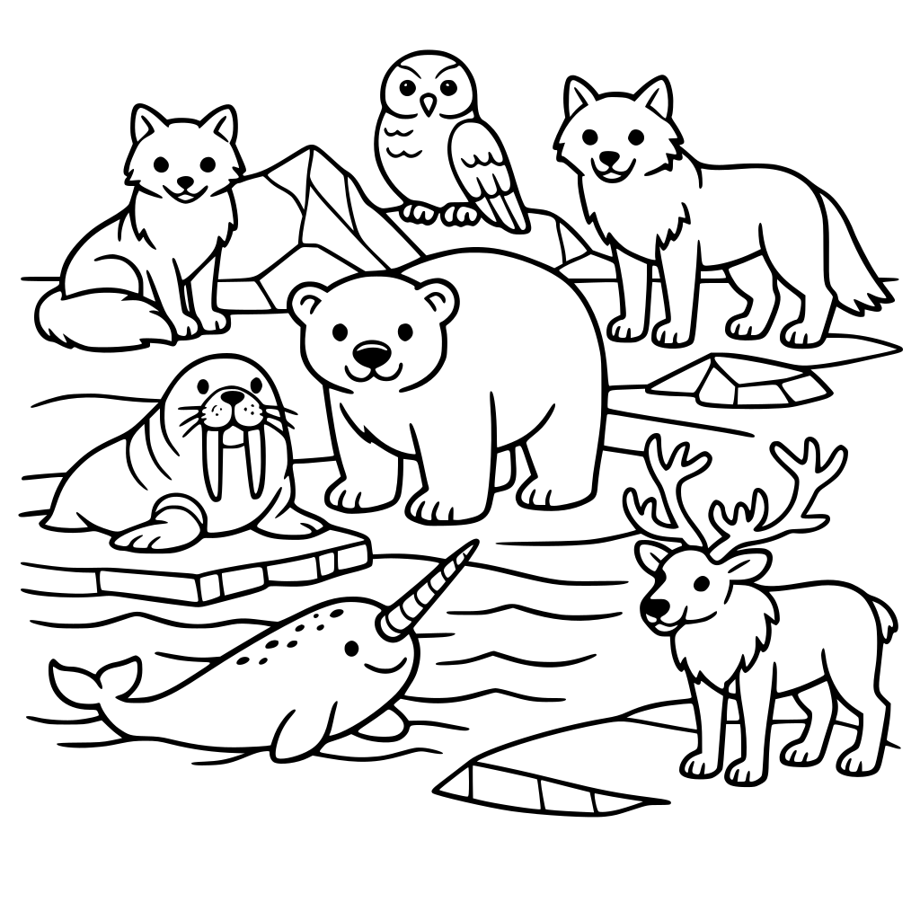 Make me a coloring page with large open spaces with an Arctic Scene include the following animals: Arctic Fox, Polar Bear, Walrus, Narwhal, Snowy Owl, Arctic Wolf, Caribou