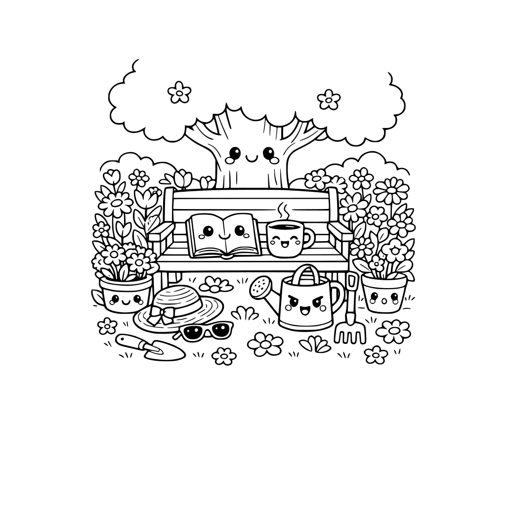 cute kawaii outdoor garden with various flowers, plants, tree, bench, book, coffee, watering can, sunglasses, hat, rake. no animals. a few items with kawaii faces. do not repeat facial expressions.