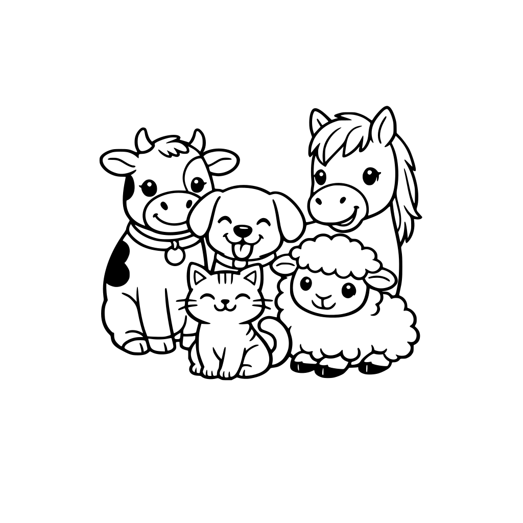 Sweet, happy animals- cow, dog, cat, sheep, horse