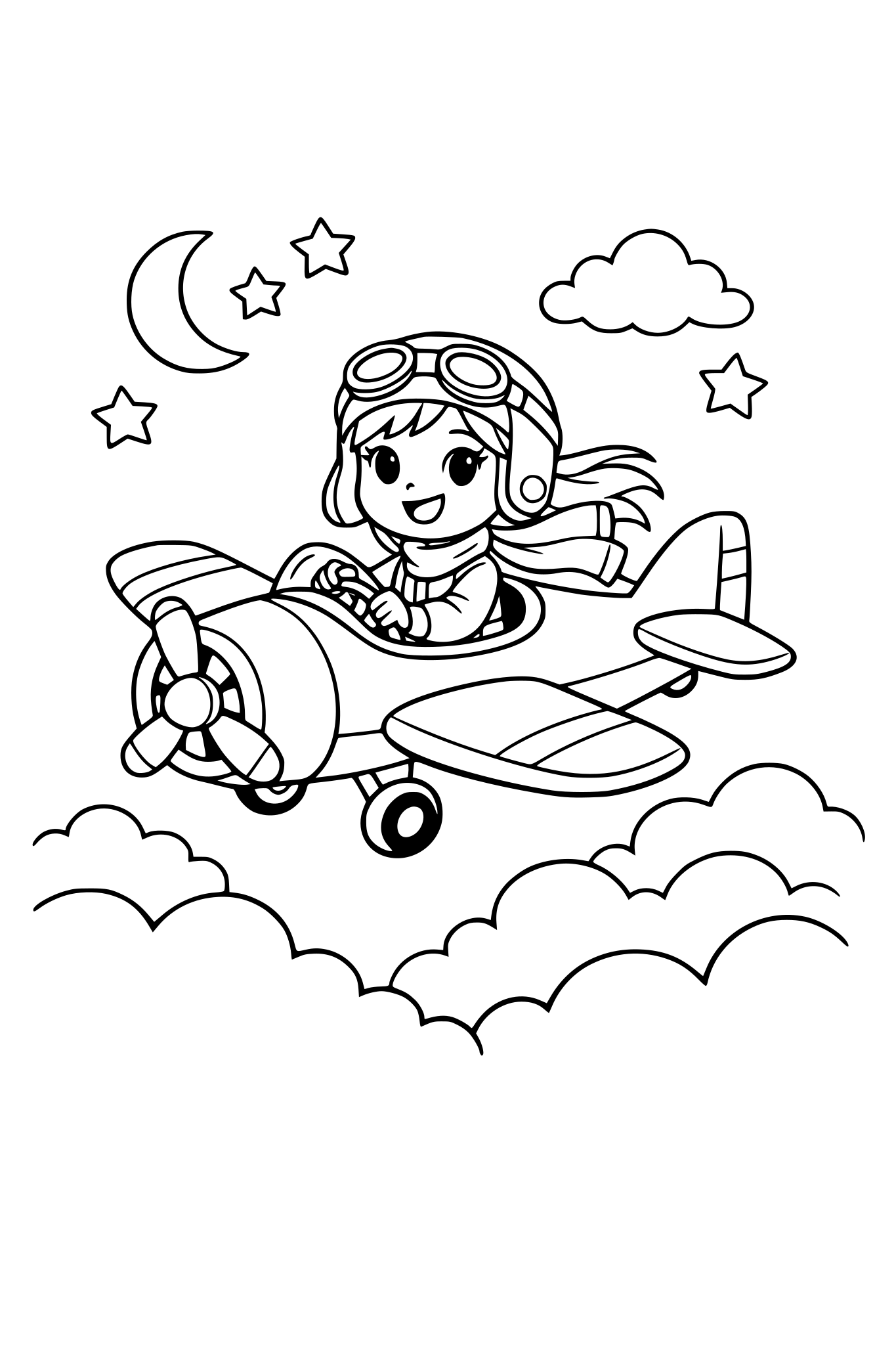 A girl flying an airplane above clouds