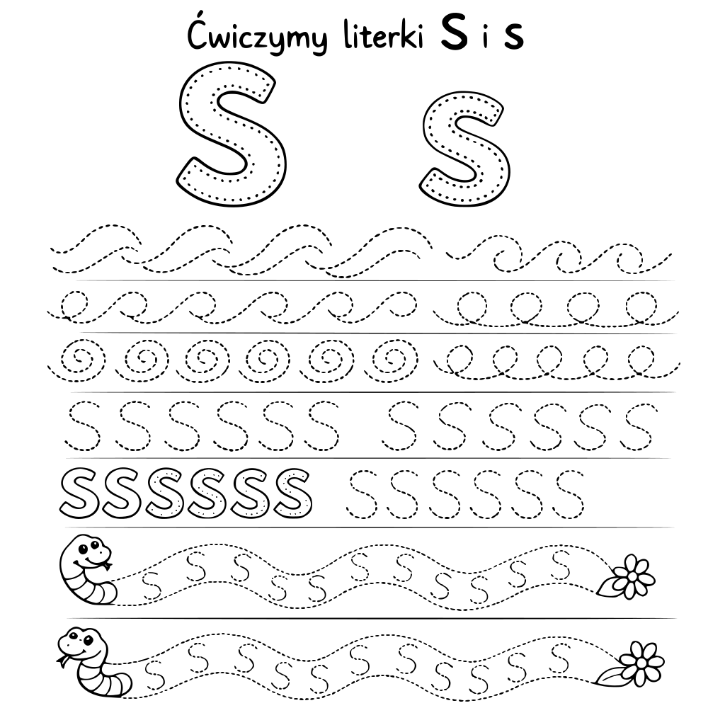zrób całą listę ćwiczeń do litery S duże i s małe różne ślaczki wykropkowane dzięki którym nauczymy pisać się literkę S i s