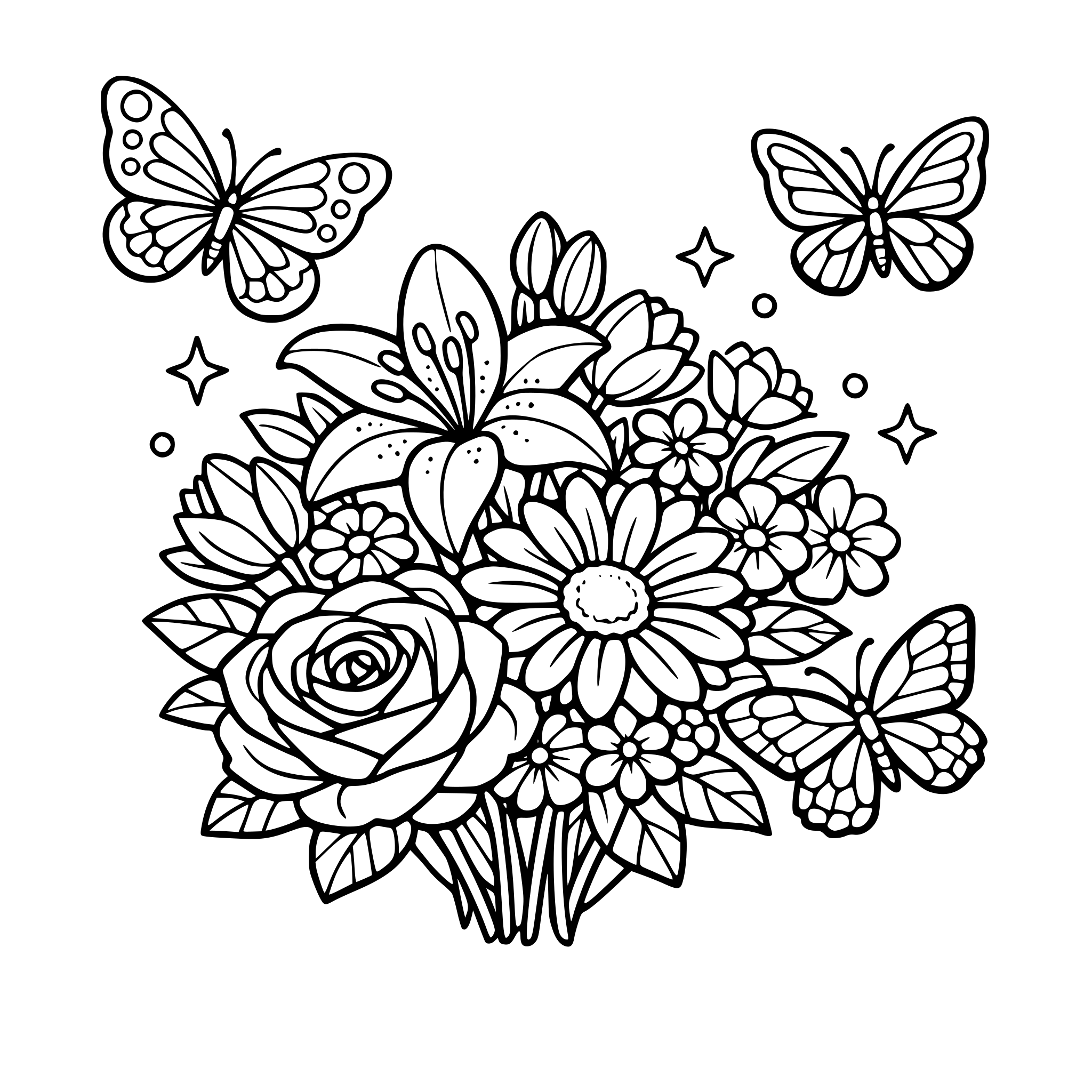 a bouquet of different flower with butterfly flying on it