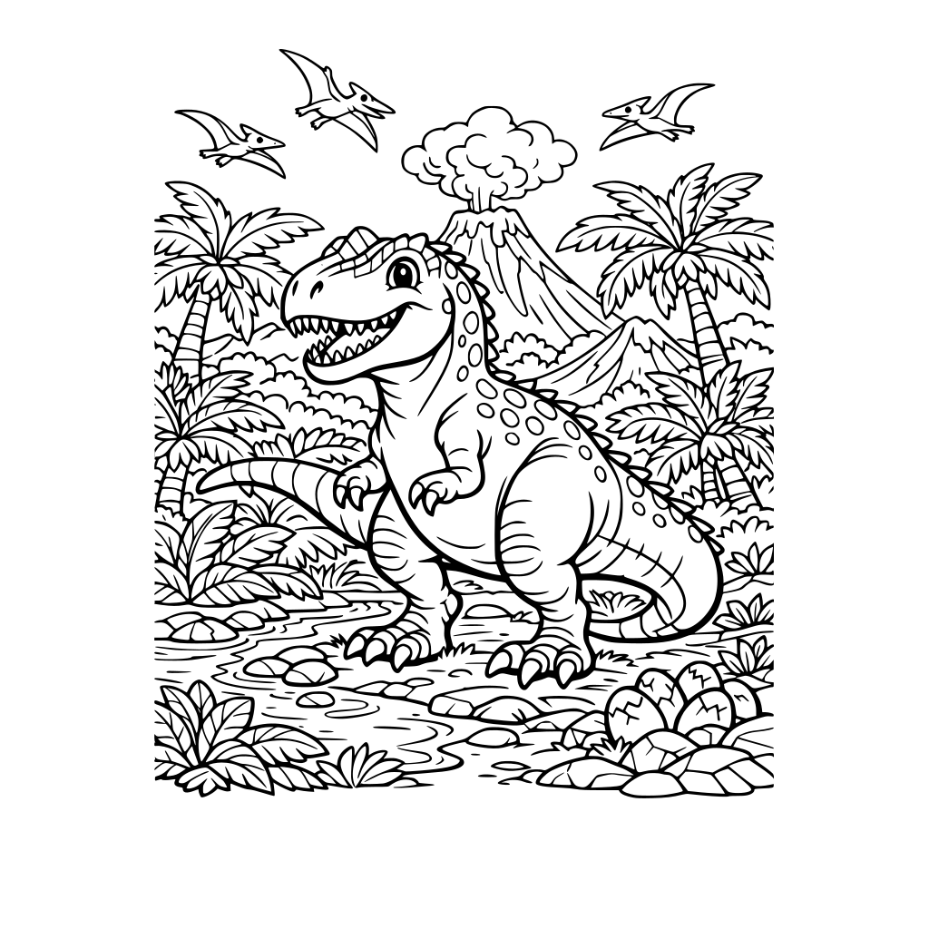 Portrait oriented coloring book page that is black and white with a friendly allosaurus. Background is a tropical landscape. Fill the whole page with great detail to the borders.