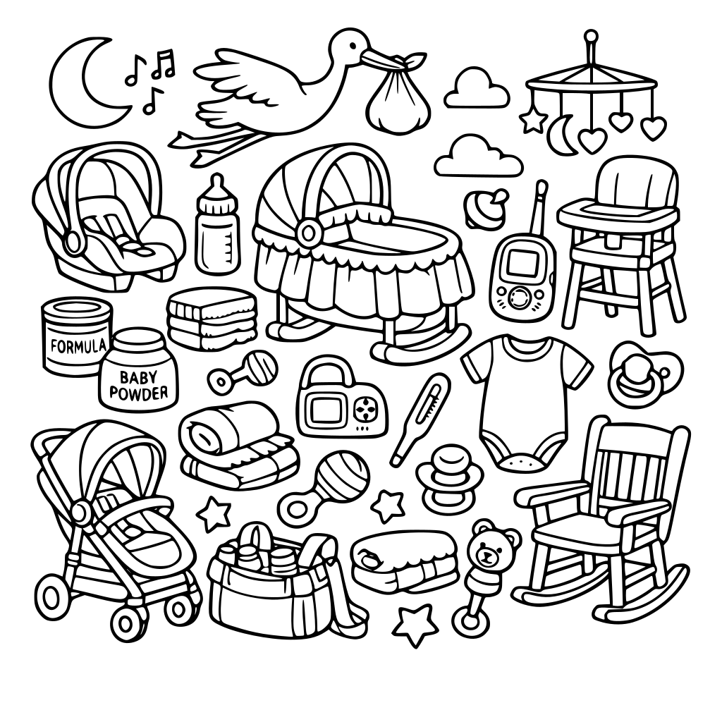 car seat bottle formula diaper high chair stork lullaby baby powder thermometer onesie stroller baby monitor mobile pacifier bassinet rattle nursery rocking chair blanket diaper bag