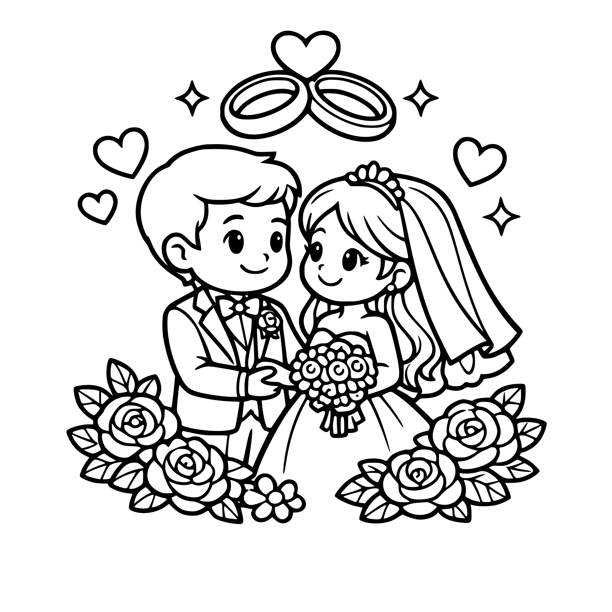 Wedding, flowers, rings, bride, groom, love, cartoon