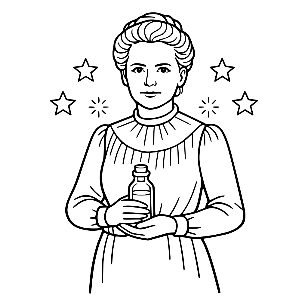 Maria Skłodowska Curie z butelką radu trzymającą na brzuchu