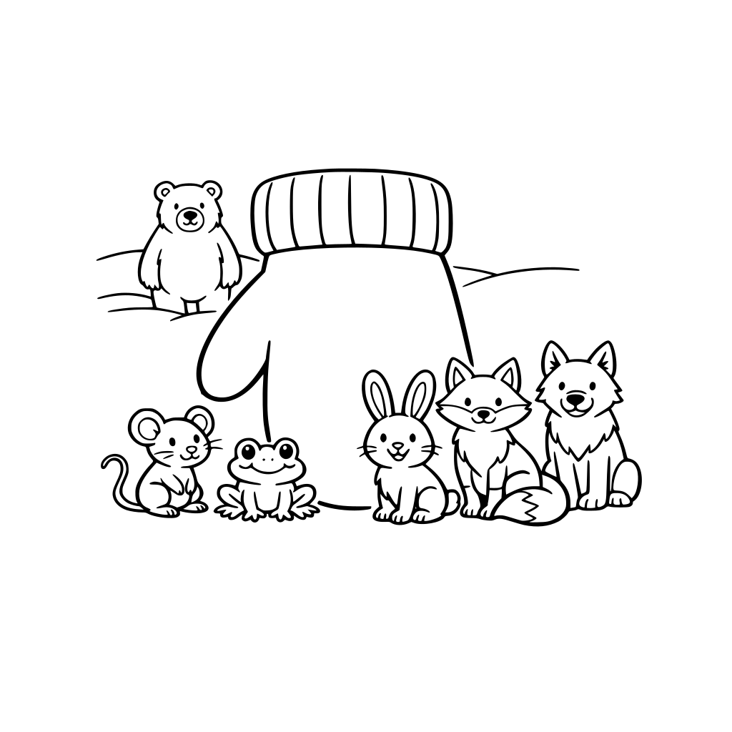 urob mi jednoduchú omaľovanku pre deti, kde bude rukavička (zimná, jednoduchá), myška, žabka, zajac, líška, vlk a v diaľke za nimi bude medveď
