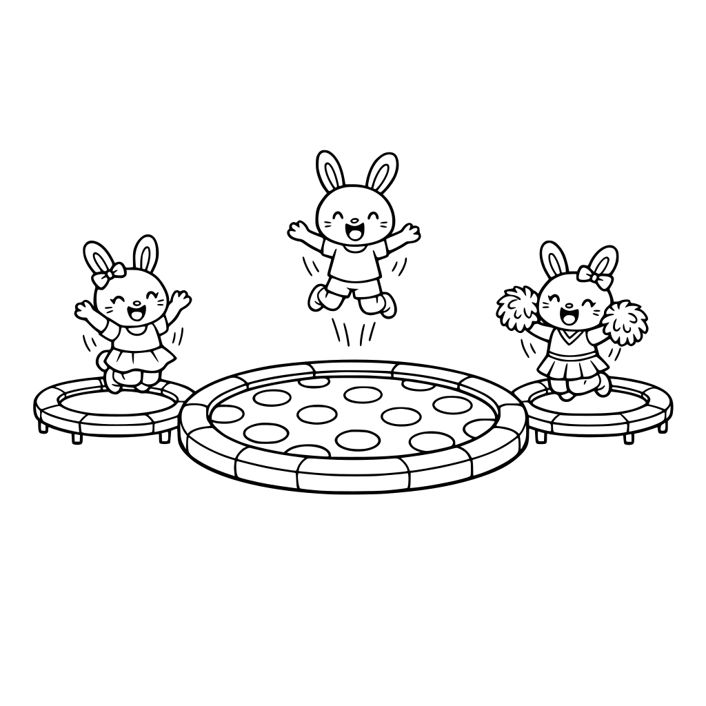 Simple trampoline park coloring page: one big polkadot trampoline, two small trampolines, three cute girl bunny kids bouncing, pompoms
