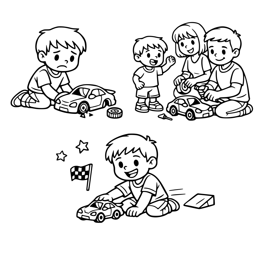 The toy car breaks. Tom asks for help. They fix the wheel. Tom plays again.