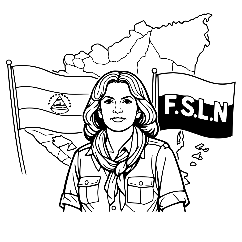 Imagen de la bandera de Nicaragua junto al croquis del país como fondo también a Nora astorga de frente junto alas siglas F.S.L.N en la bandera roja y negra
