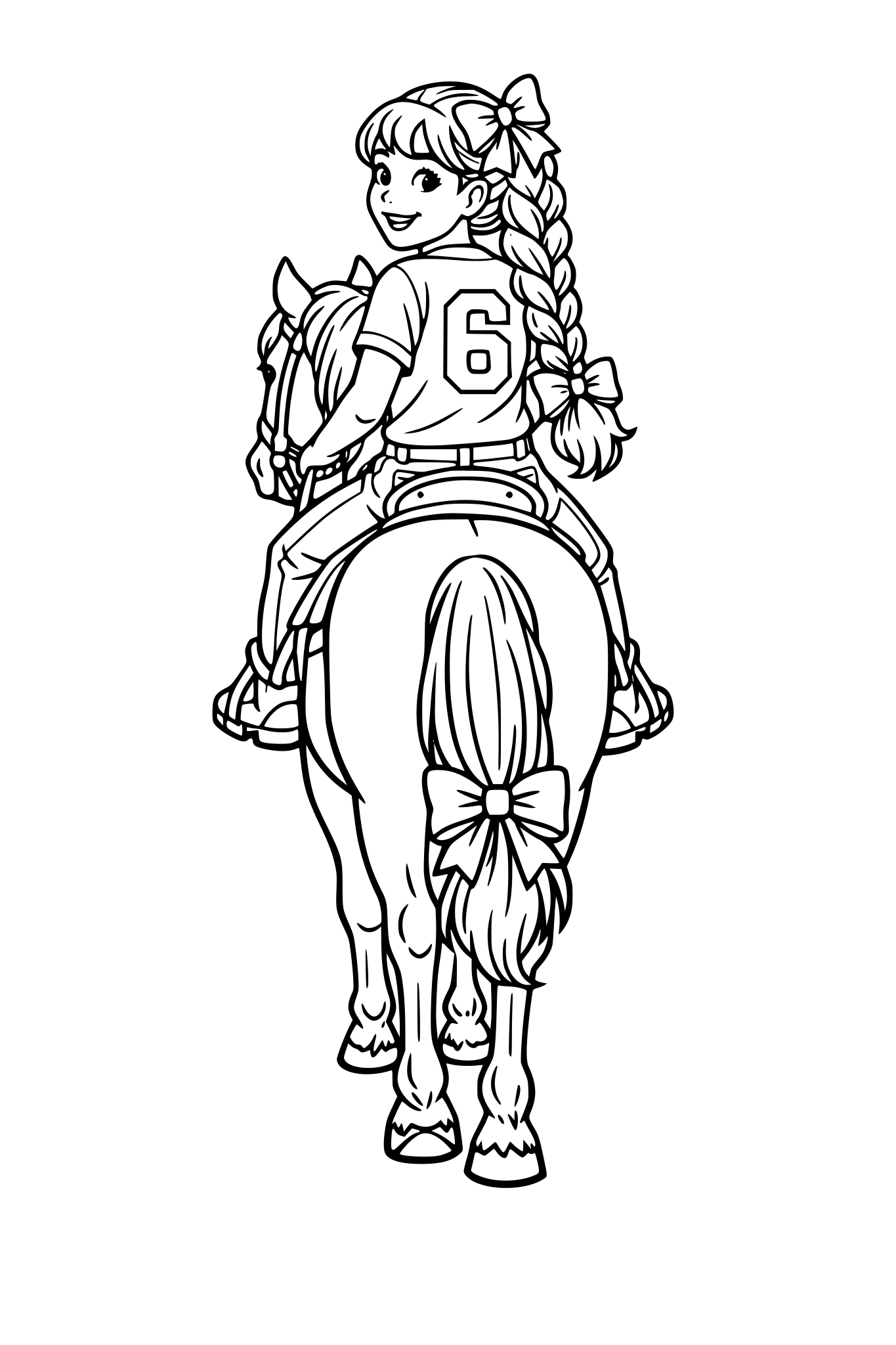 Draw a picture of a girl with a long braid and curly hair on a horse. Have them walking away and the girl turning and smiling and on the back of her shirt has the number 6 on it. Put a bow in her hair and on The horses tail