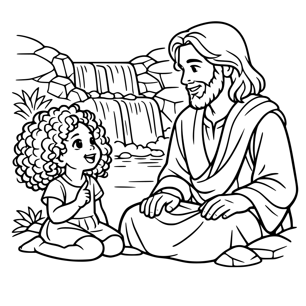 A little girl with voluminous curly hair, talking to Jesus near a waterfall.