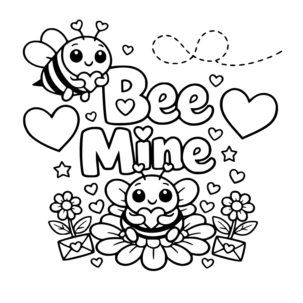 make a coloring page inspired by the saying "bee mine" for valentines day