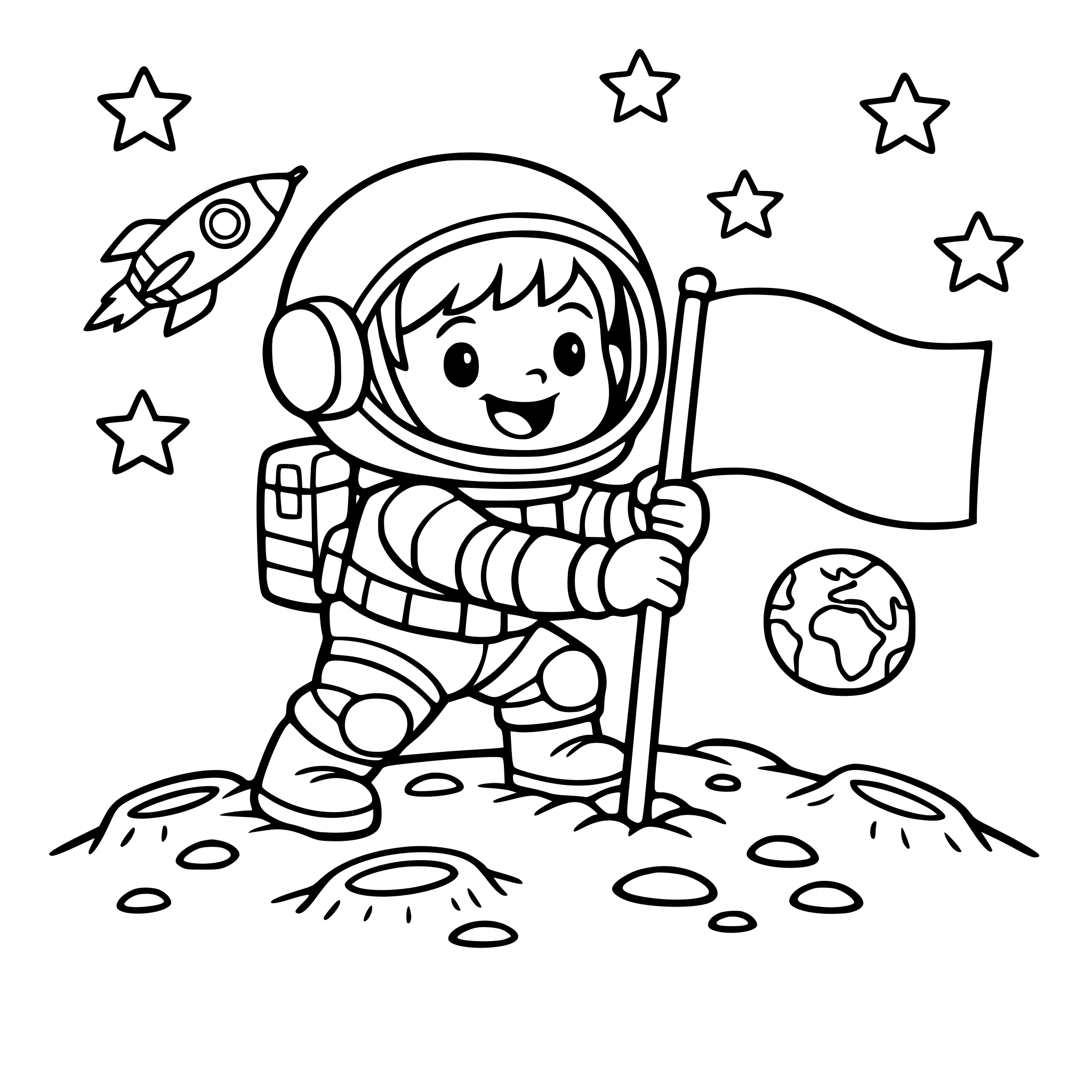Child astronaut planting a flag on the moon, stars in the background