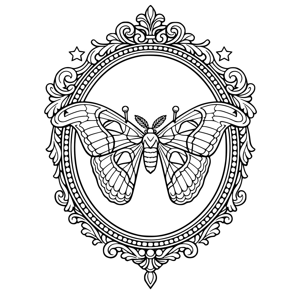 an atlas moth pinned as a specimen on a damask background in an ornate victorian oval frame