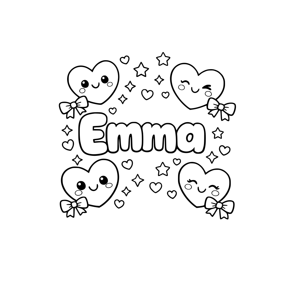 A kawaii Valentine’s Day coloring page with the name “Emma”, bubbly letters, smiling hearts, small stars and bows, very cute and playful style, child-friendly, black and white coloring page, clean line art, white background