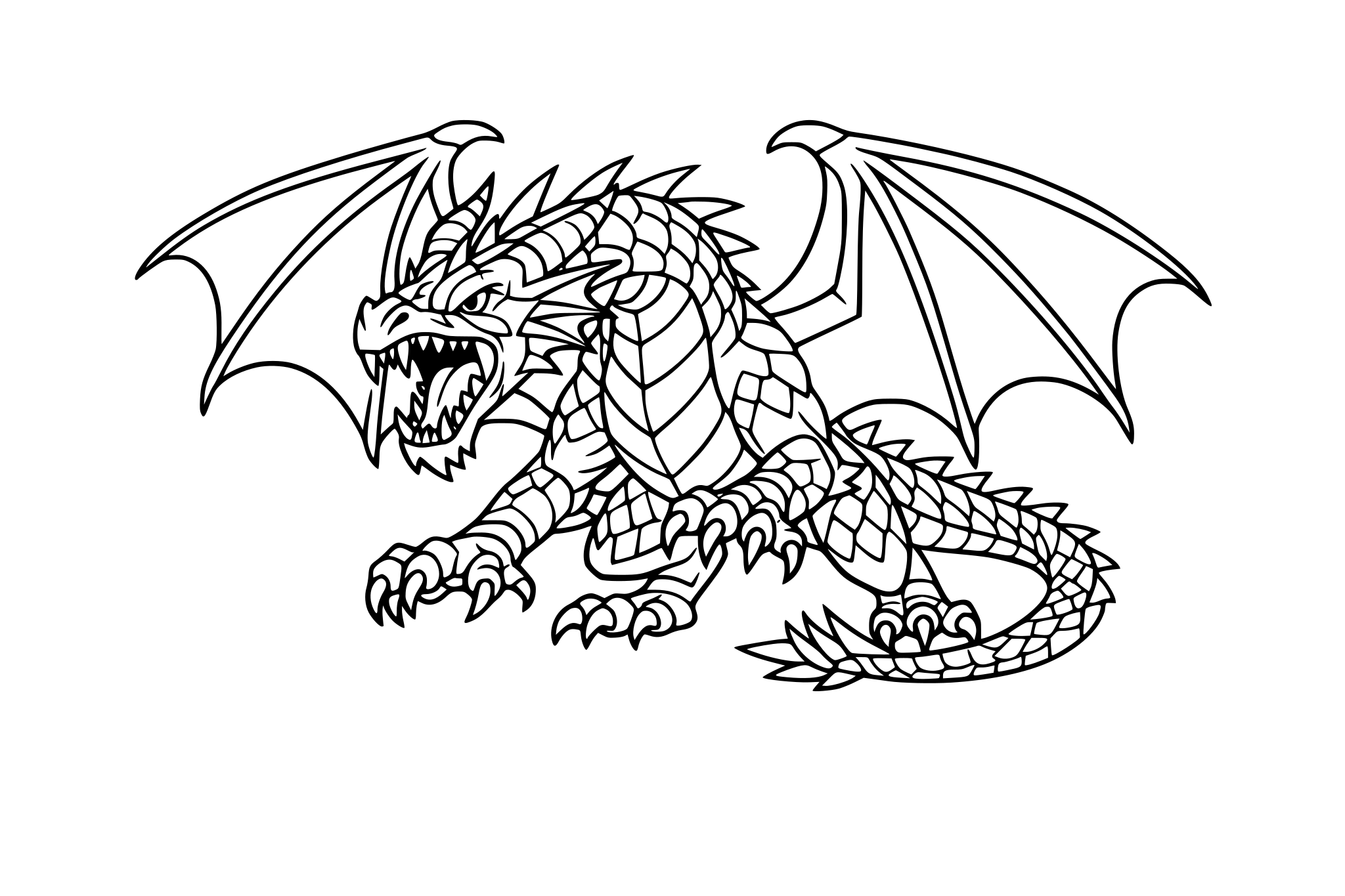 a daily journal of simple black line drawings of a fierce dragons for a children's drawing copy book, minimal clean outlines, white background, medieval fantasy style, sharp claws and teeth, not cute, coloring book line art —
