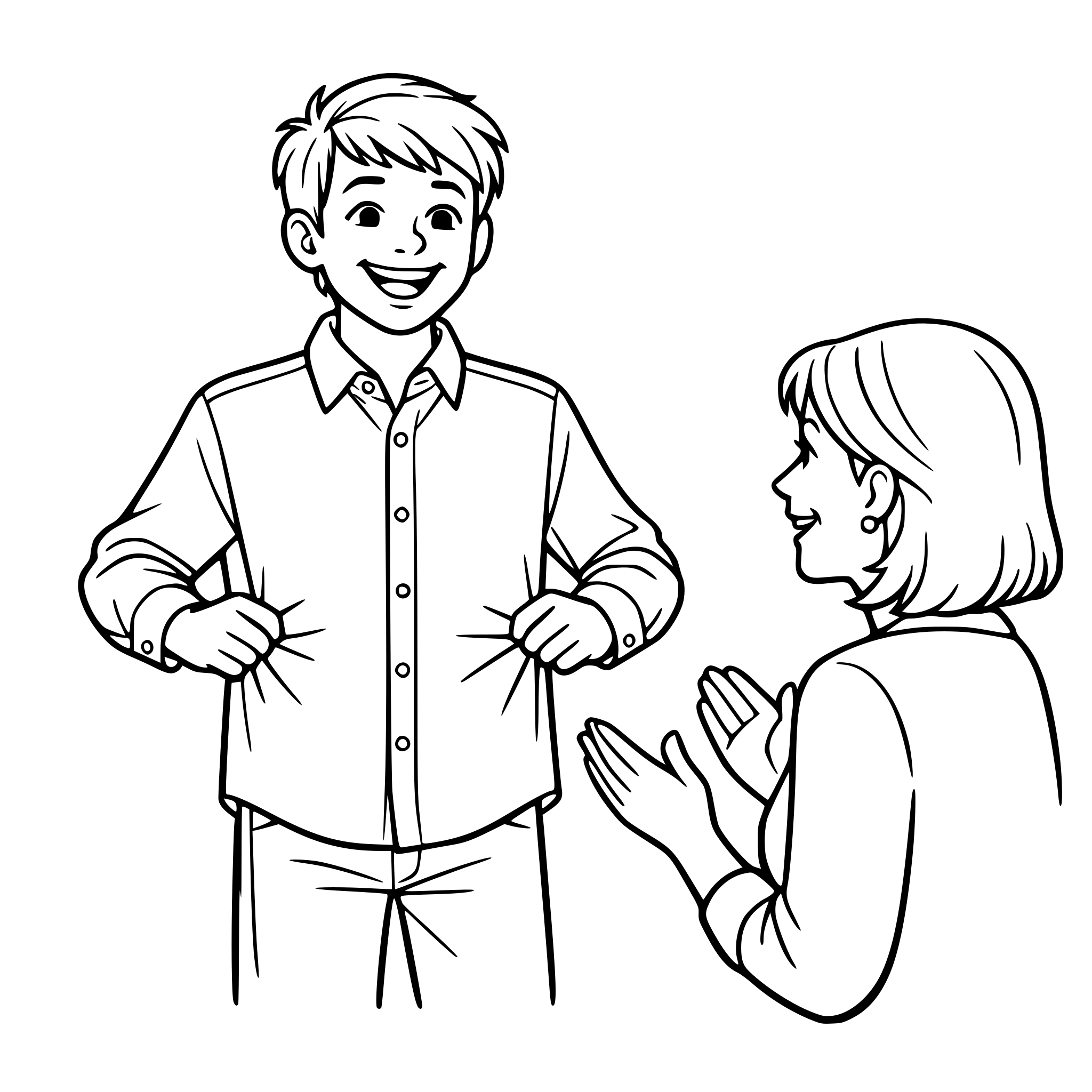 Create an image of an older boy showing that his new shirt fits. The facial expression looks real and pleased that the shirt fits. It is a button down shirt with long sleeves. He is showing his mom. White background, isolated.